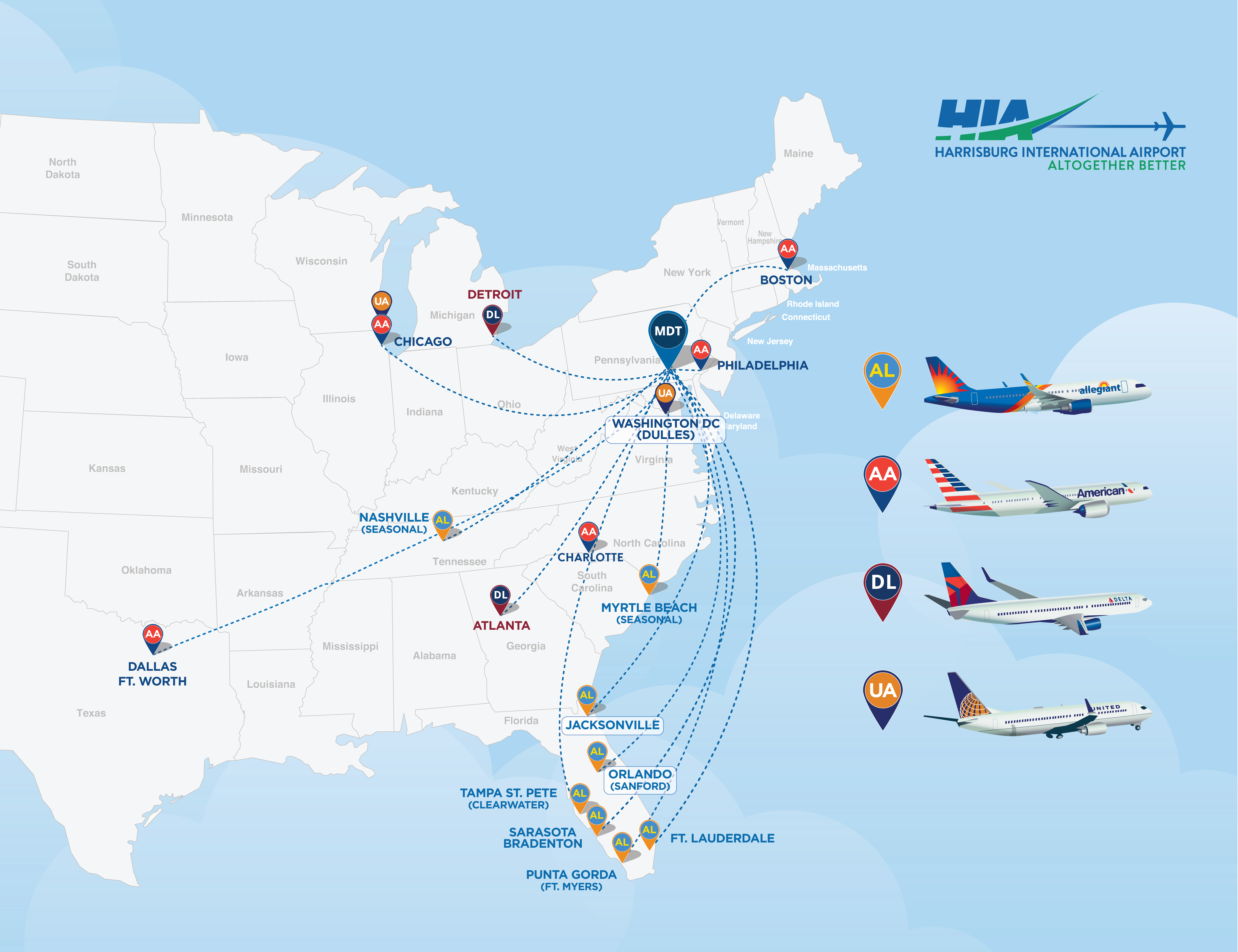 Current Nonstop Destinations from HIA Harrisburg International Airport